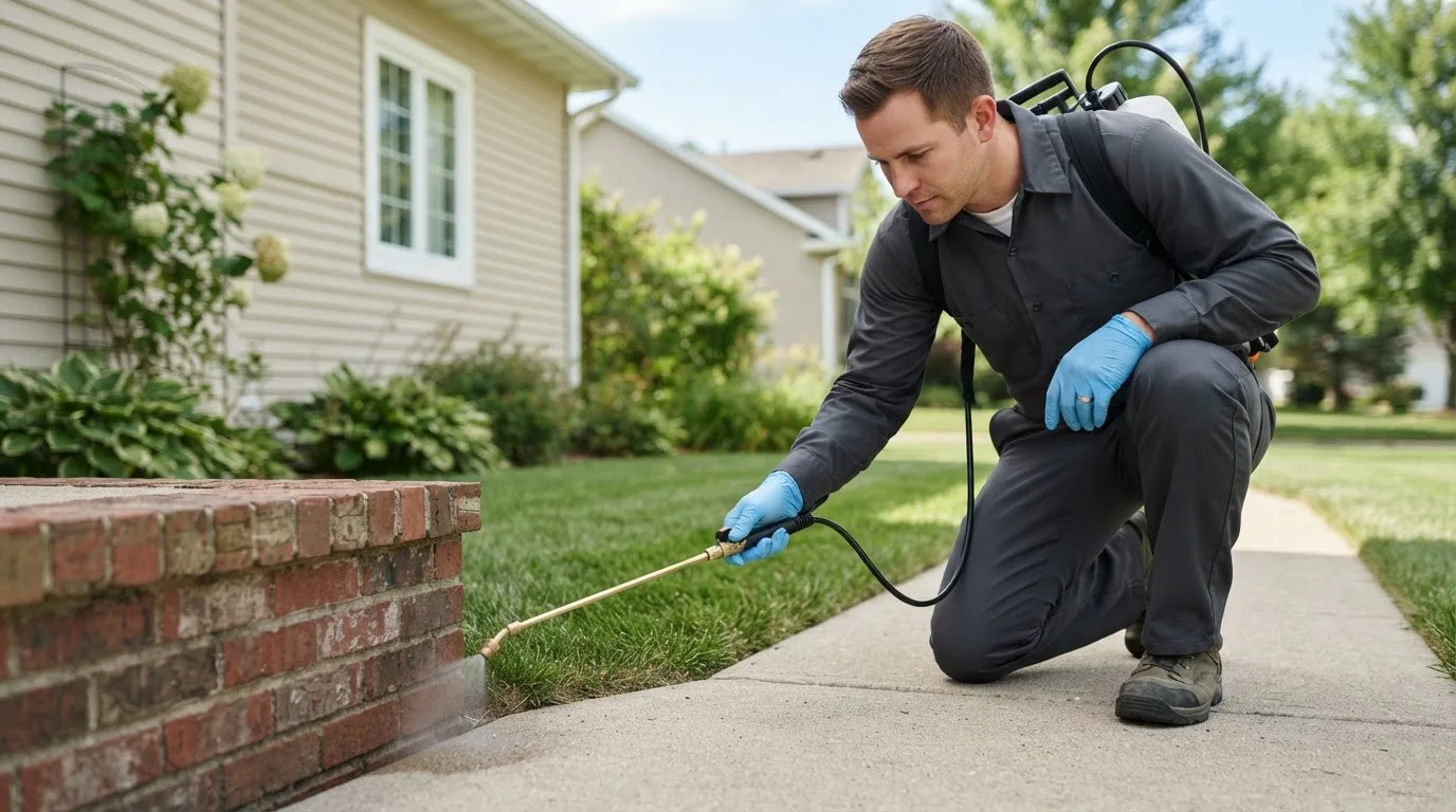 Pest control technician treating a home near Howard City, MI