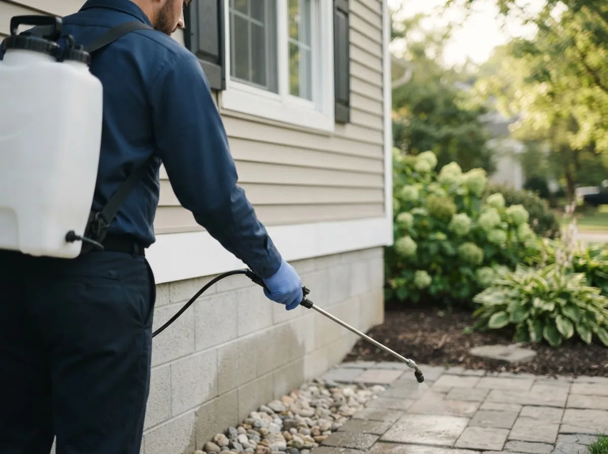 Pest control technician inspecting a home in Howard City, MI